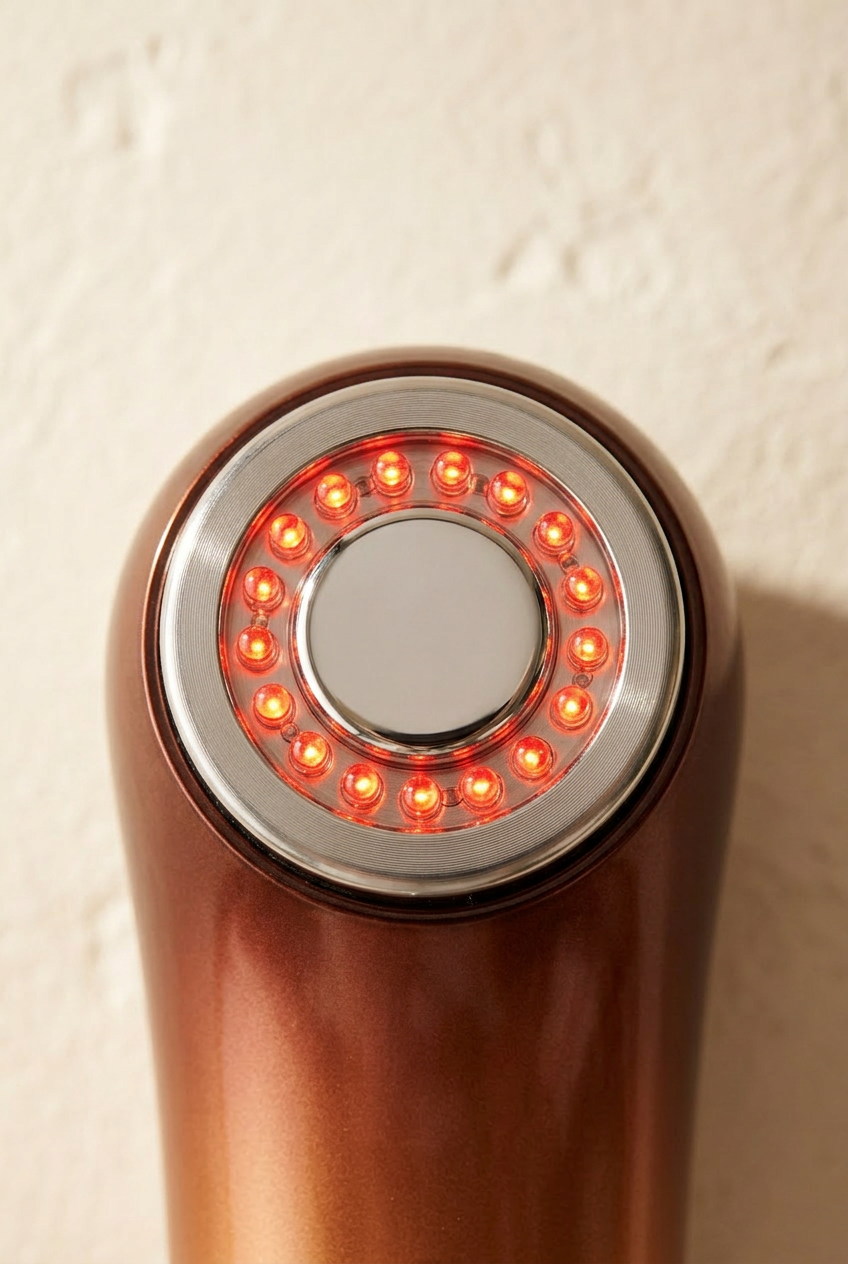 Macro detail of The Aura's annular ring of warm red LED diodes