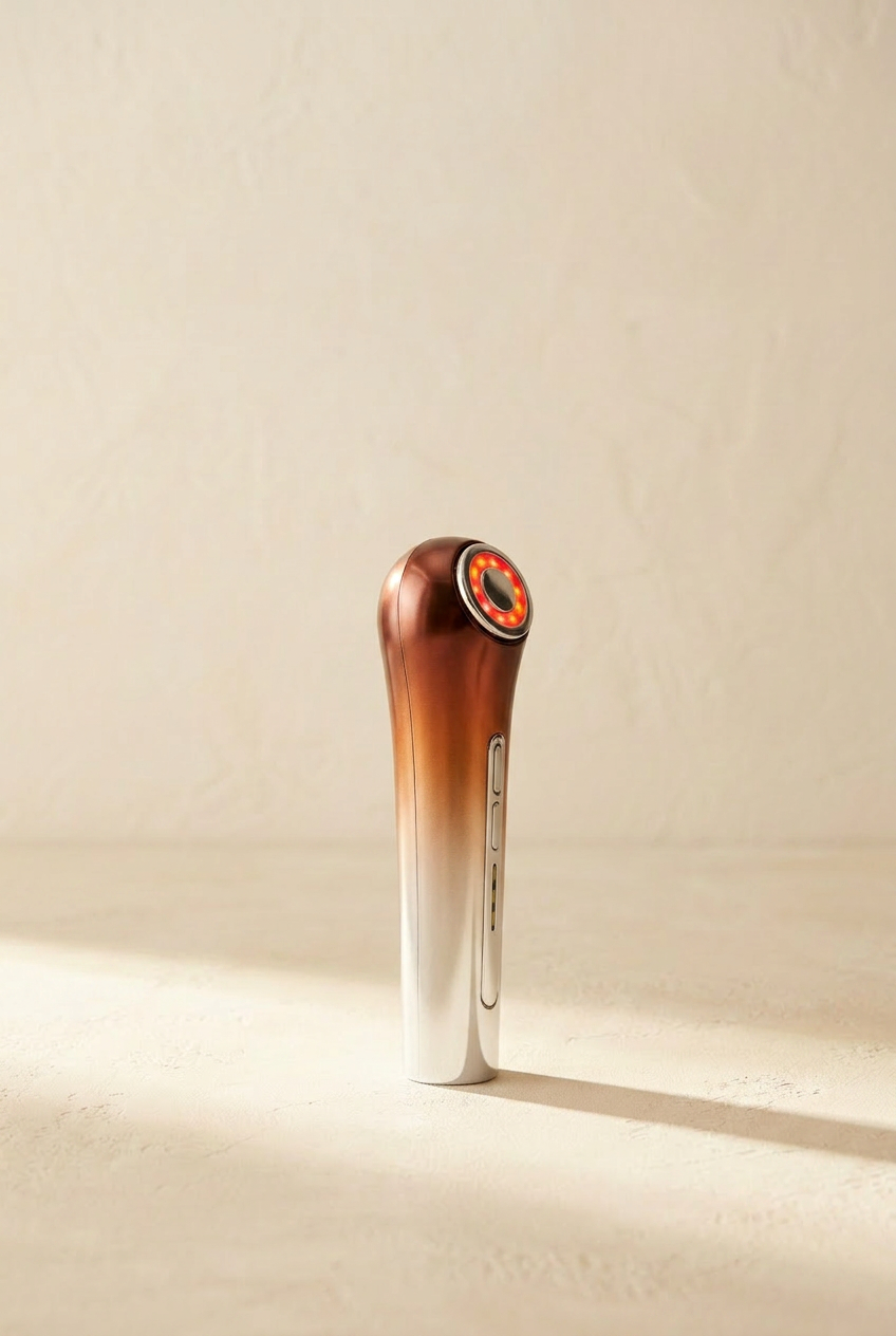 The Aura, three-quarter side profile, copper-to-silver metallic body