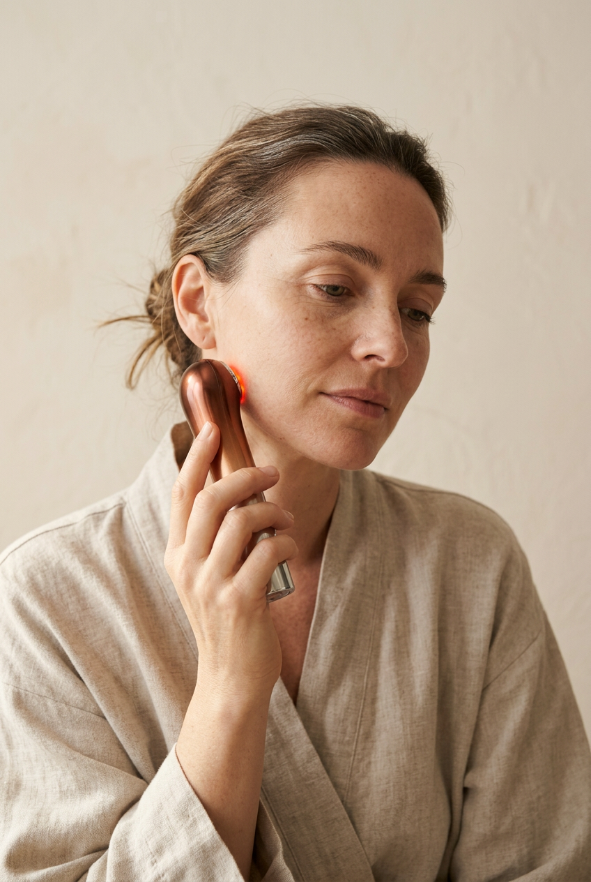 A woman in her forties tracing The Aura along her cheekbone, the warm red ring glowing softly