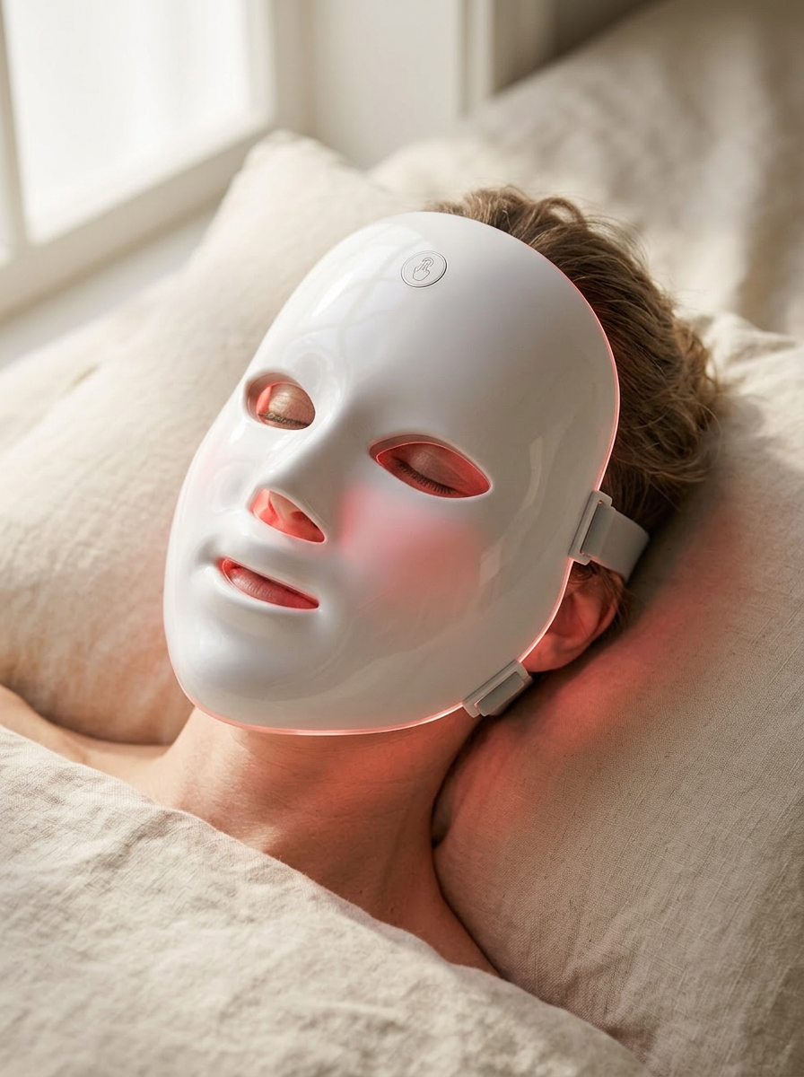 A woman resting with The Halo on, glowing softly red